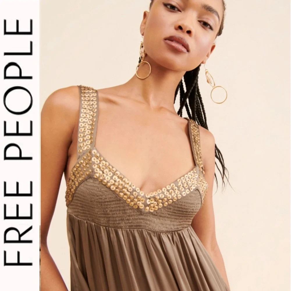 Like New Free People Isadora Studded Silky Maxi Dress olive green - Picture 2 of 15